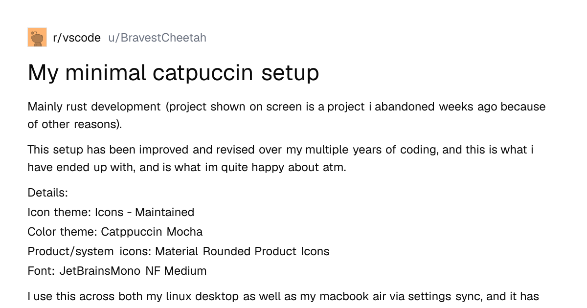 Screenshot of a post in r/vscode titled "My minimal catpuccin setup" with 24 upvotes