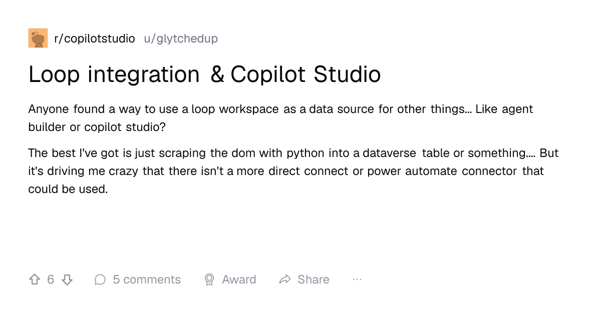 Screenshot of a post in r/copilotstudio titled "Loop integration & Copilot Studio" with 6 upvotes