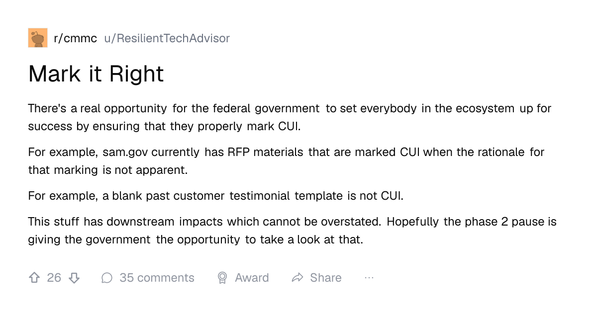 Screenshot of a post in r/cmmc titled "Mark it Right" with 26 upvotes