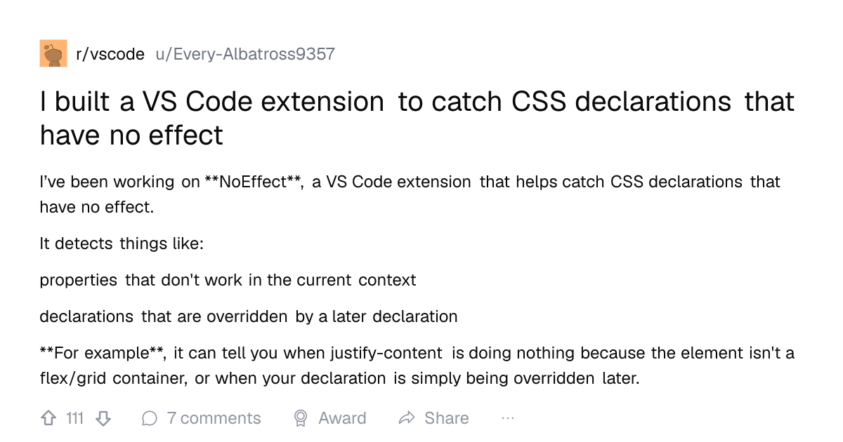 Screenshot of a post in r/vscode titled "I built a VS Code extension to catch CSS declarations that have no effect" with 111 upvotes