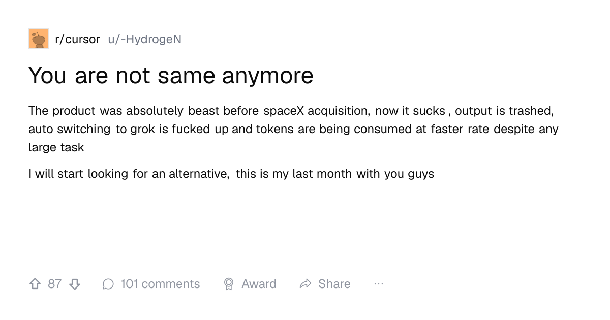 Screenshot of a post in r/cursor titled "You are not same anymore" with 87 upvotes