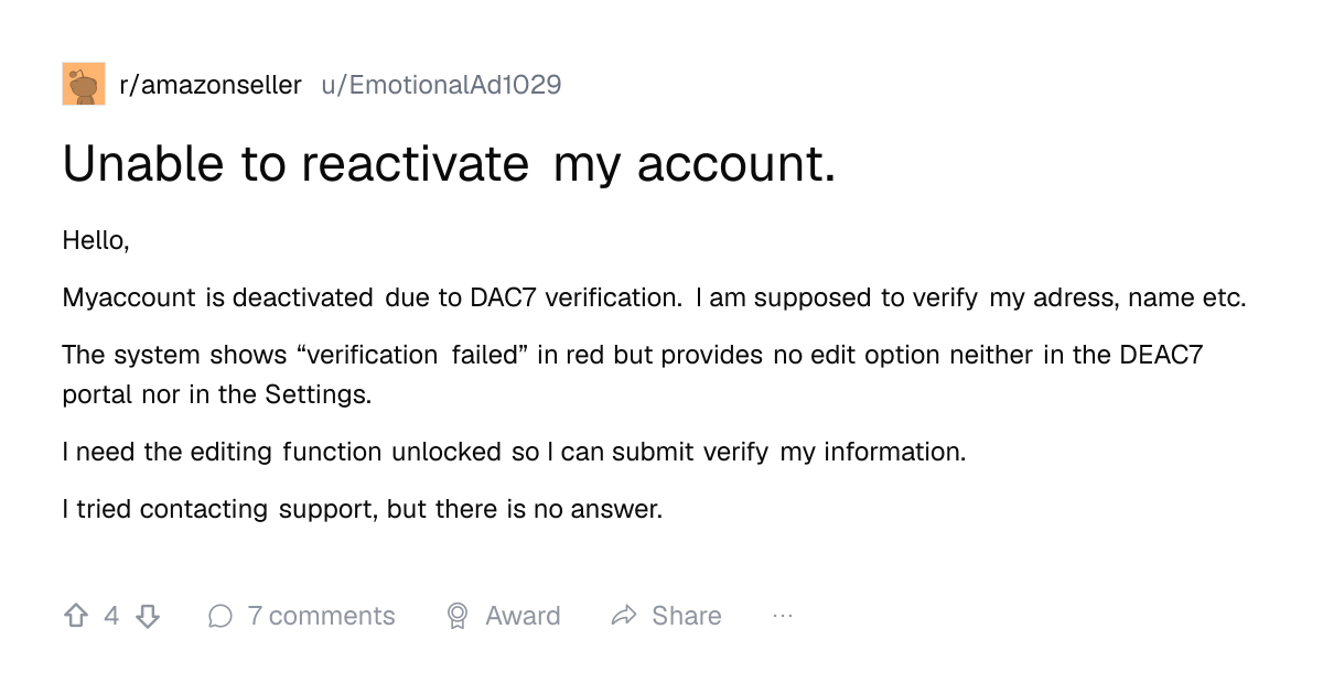 Screenshot of a post in r/amazonseller titled "Unable to reactivate my account." with 4 upvotes