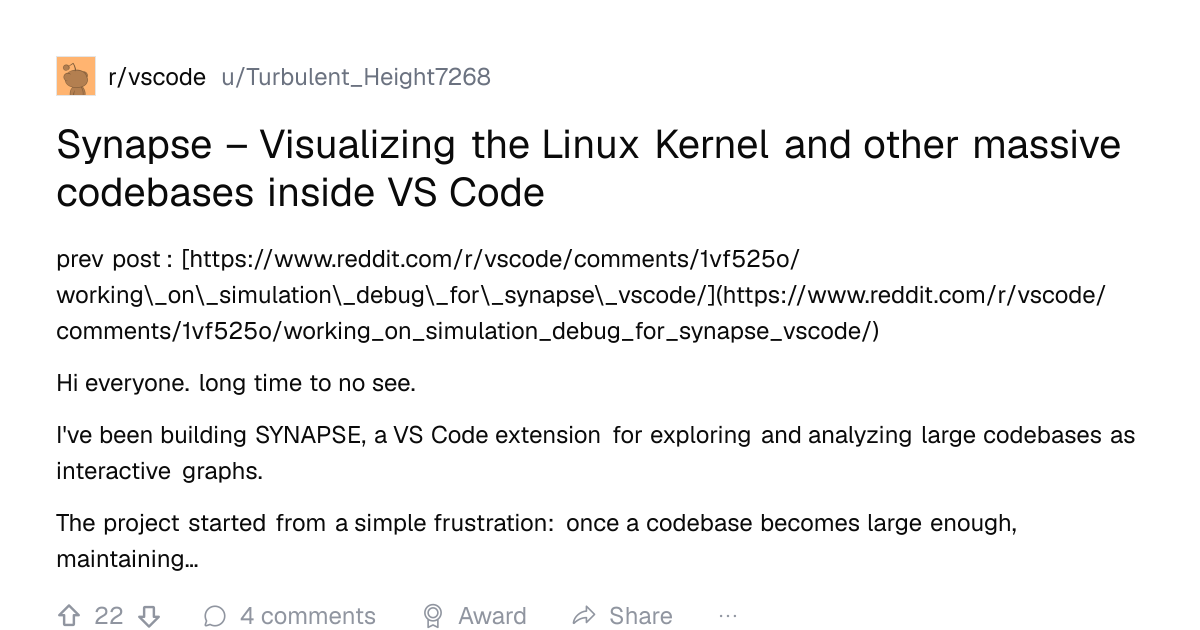 Screenshot of a post in r/vscode titled "Synapse – Visualizing the Linux Kernel and other massive codebases inside VS Code" with 22 upvotes