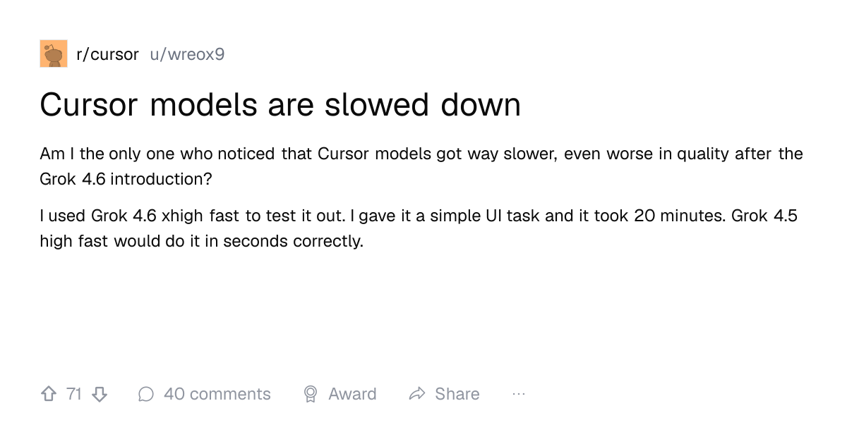 Screenshot of a post in r/cursor titled "Cursor models are slowed down" with 71 upvotes