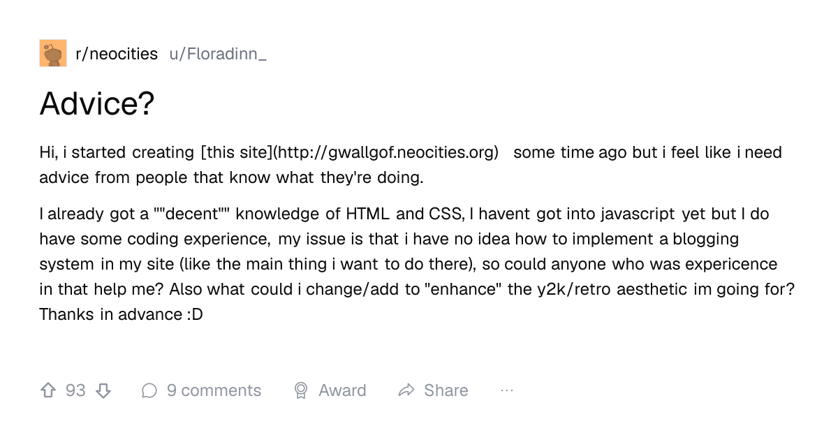 Screenshot of a post in r/neocities titled "Advice?" with 93 upvotes