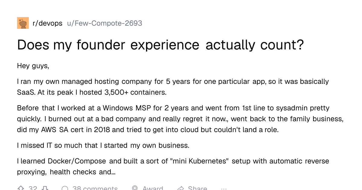Screenshot of a post in r/devops titled "Does my founder experience actually count?" with 32 upvotes