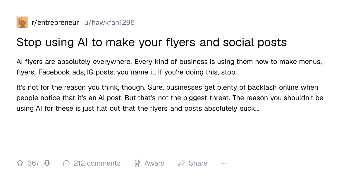 Screenshot of a post in r/entrepreneur titled "Stop using AI to make your flyers and social posts" with 367 upvotes