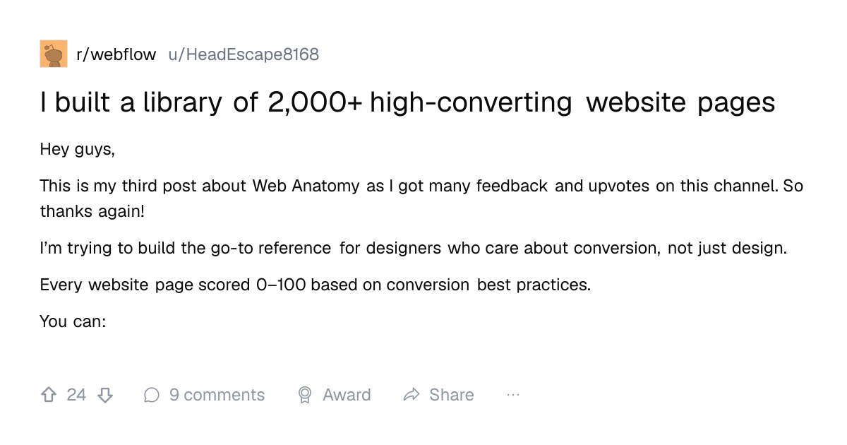 Screenshot of a post in r/webflow titled "I built a library of 2,000+ high-converting website pages" with 24 upvotes