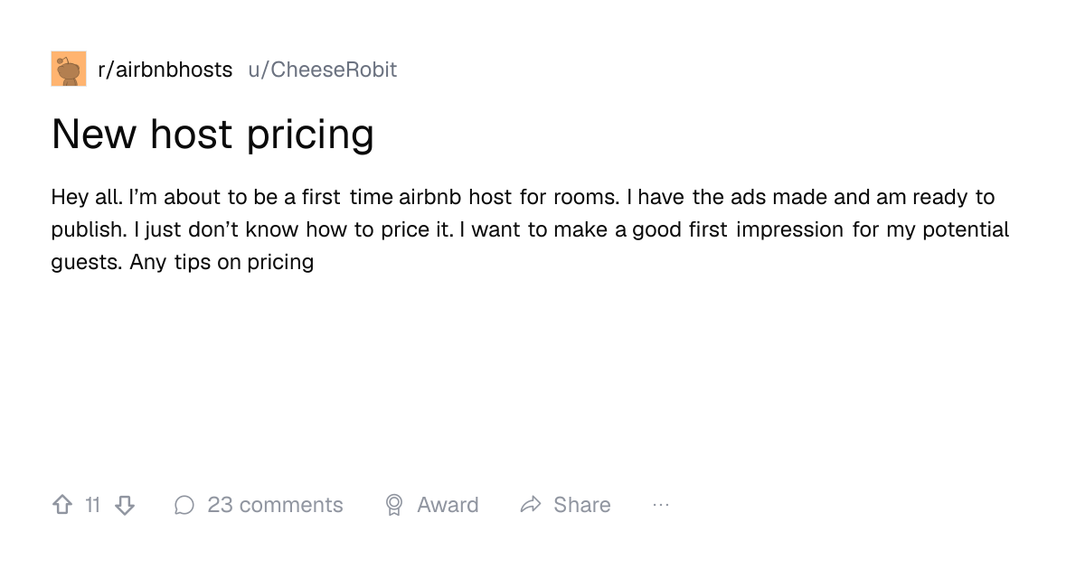 Screenshot of a post in r/airbnbhosts titled "New host pricing" with 11 upvotes