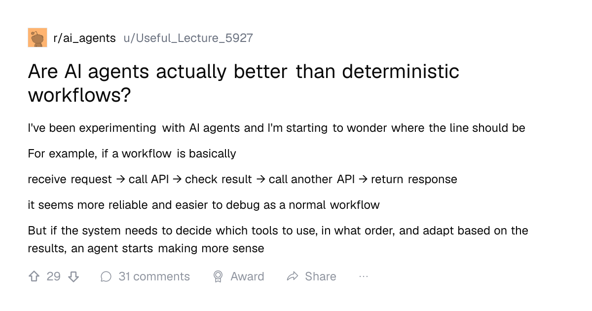 Screenshot of a post in r/ai_agents titled "Are AI agents actually better than deterministic workflows?" with 29 upvotes