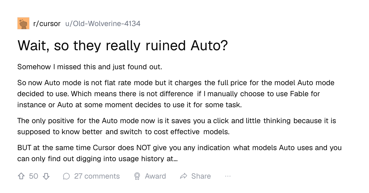 Screenshot of a post in r/cursor titled "Wait, so they really ruined Auto?" with 50 upvotes
