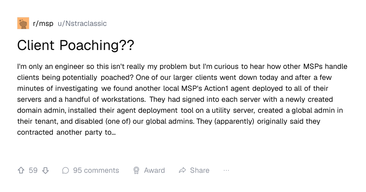 Screenshot of a post in r/msp titled "Client Poaching??" with 59 upvotes