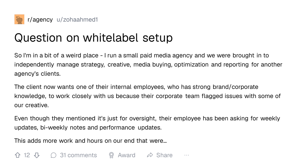 Screenshot of a post in r/agency titled "Question on whitelabel setup" with 12 upvotes