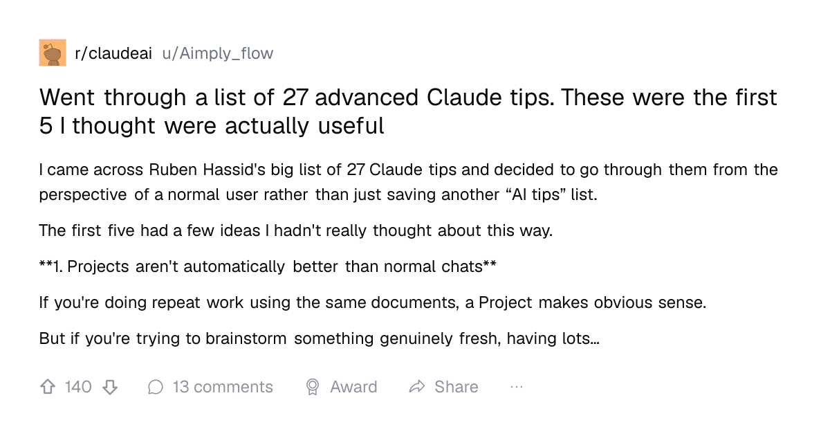 Screenshot of a post in r/claudeai titled "Went through a list of 27 advanced Claude tips. These were the first 5 I thought were actually useful" with 140 upvotes