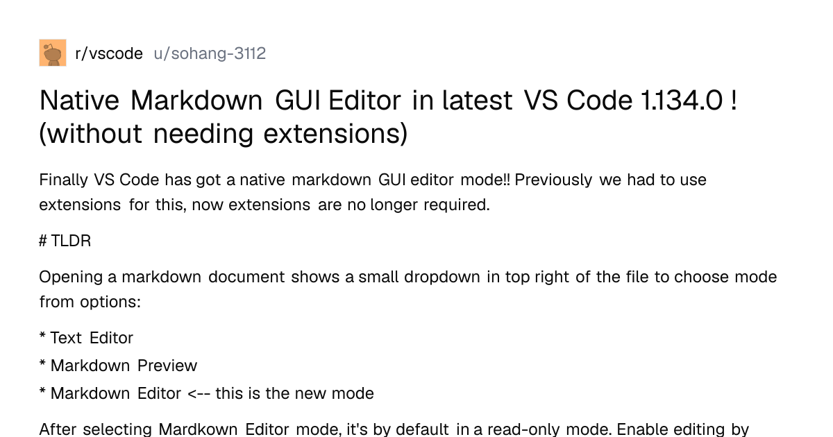Screenshot of a post in r/vscode titled "Native Markdown GUI Editor in latest VS Code 1.134.0 ! (without needing extensions)" with 64 upvotes