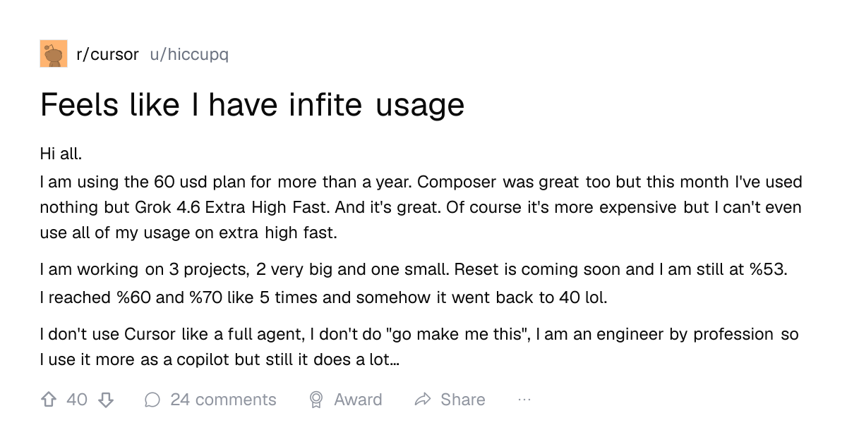 Screenshot of a post in r/cursor titled "Feels like I have infite usage" with 39 upvotes