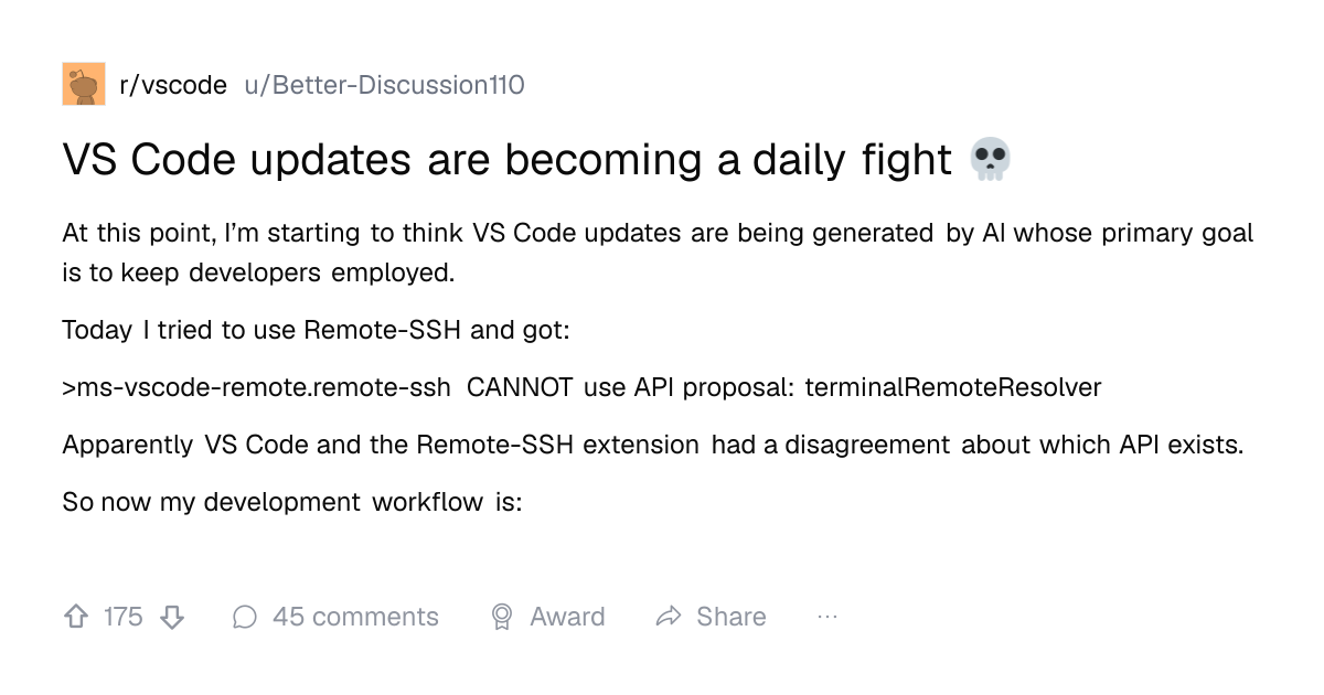 Screenshot of a post in r/vscode titled "VS Code updates are becoming a daily fight 💀" with 172 upvotes