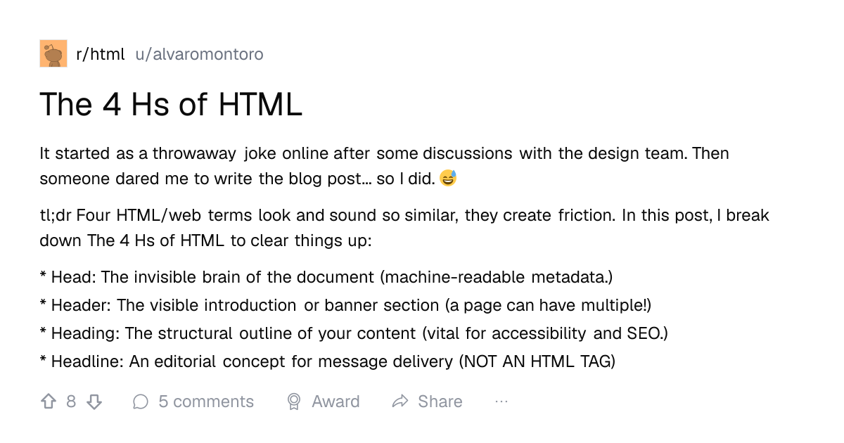 Screenshot of a post in r/html titled "The 4 Hs of HTML" with 8 upvotes