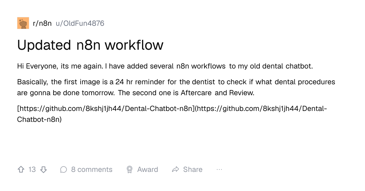Screenshot of a post in r/n8n titled "Updated n8n workflow" with 13 upvotes