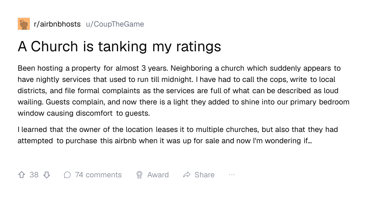 Screenshot of a post in r/airbnbhosts titled "A Church is tanking my ratings" with 38 upvotes