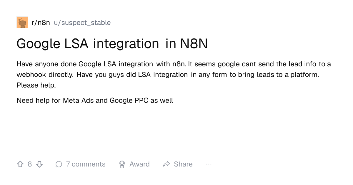 Screenshot of a post in r/n8n titled "Google LSA integration in N8N" with 8 upvotes