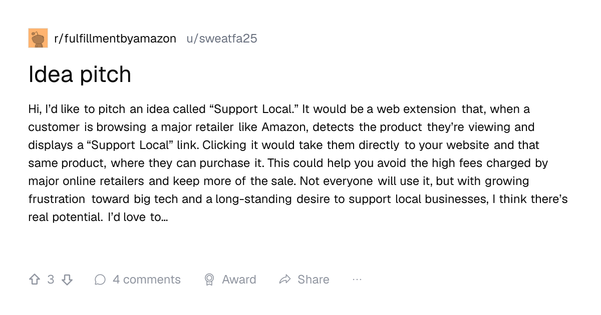 Screenshot of a post in r/fulfillmentbyamazon titled "Idea pitch" with 3 upvotes