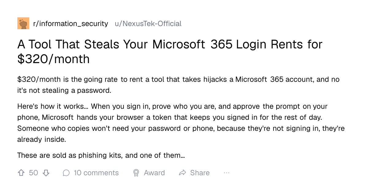 Screenshot of a post in r/information_security titled "A Tool That Steals Your Microsoft 365 Login Rents for $320/month" with 50 upvotes
