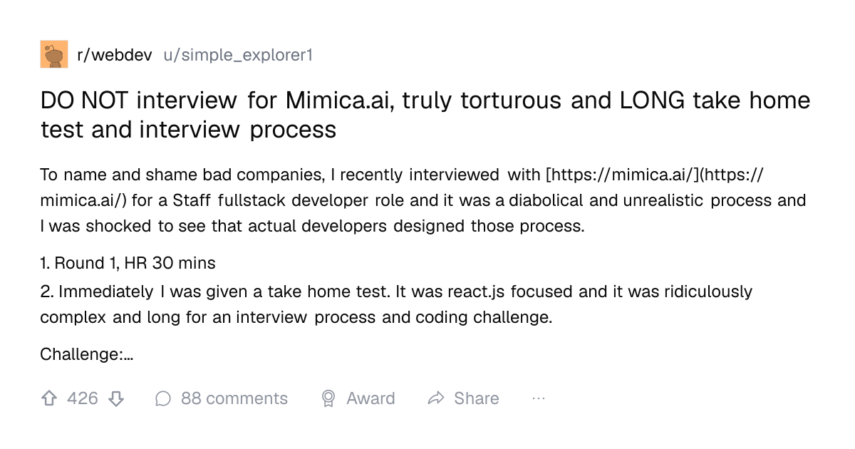 Screenshot of a post in r/webdev titled "DO NOT interview for Mimica.ai, truly torturous and LONG take home test and interview process" with 426 upvotes