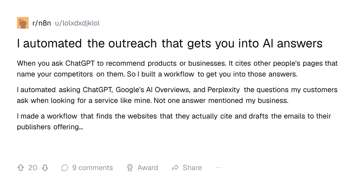Screenshot of a post in r/n8n titled "I automated the outreach that gets you into AI answers" with 20 upvotes