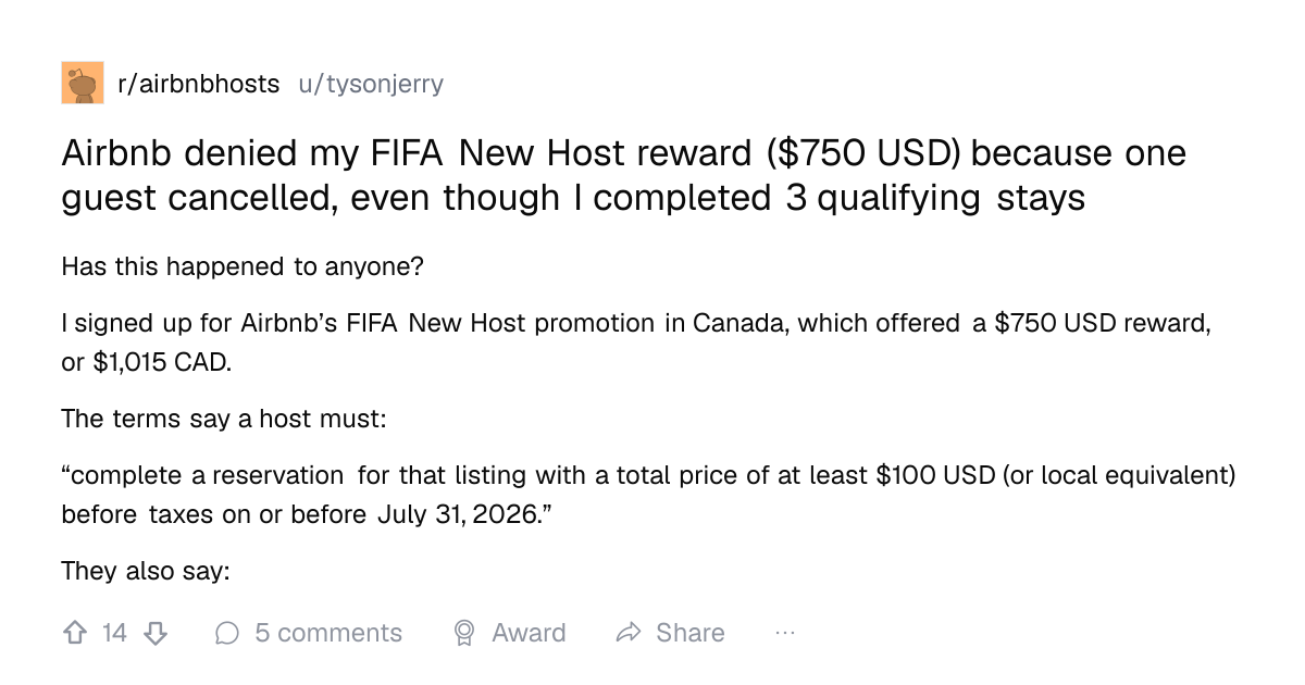 Screenshot of a post in r/airbnbhosts titled "Airbnb denied my FIFA New Host reward ($750 USD) because one guest cancelled, even though I completed 3 qualifying stays" with 14 upvotes