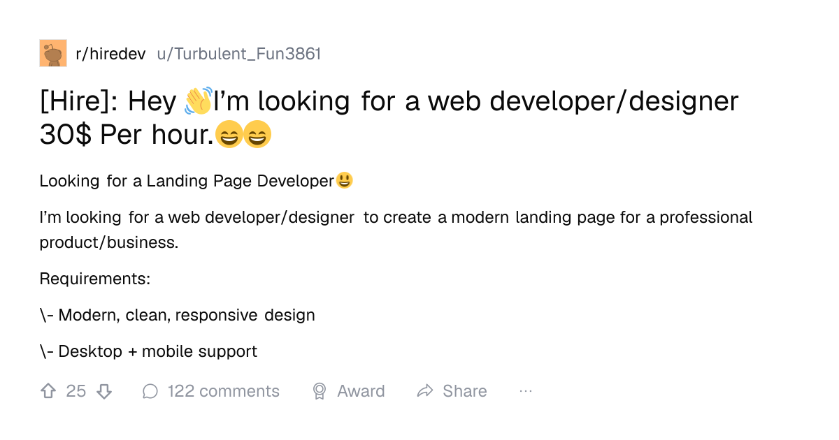 Screenshot of a post in r/hiredev titled "[Hire]: Hey 👋I’m looking for a web developer/designer 30$ Per hour.😄😄" with 19 upvotes