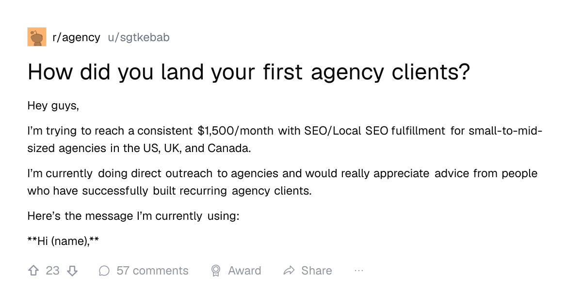 Screenshot of a post in r/agency titled "How did you land your first agency clients?" with 23 upvotes