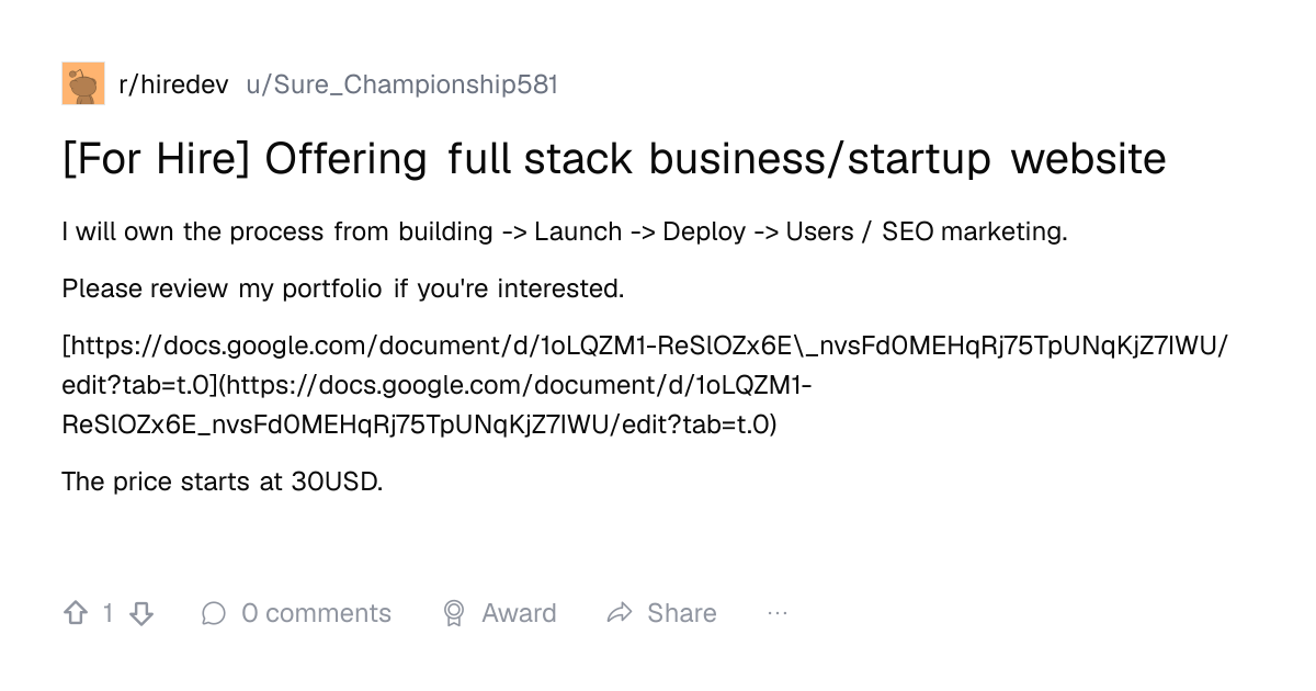Screenshot of a post in r/hiredev titled "[For Hire] Offering full stack business/startup website" with 1 upvotes