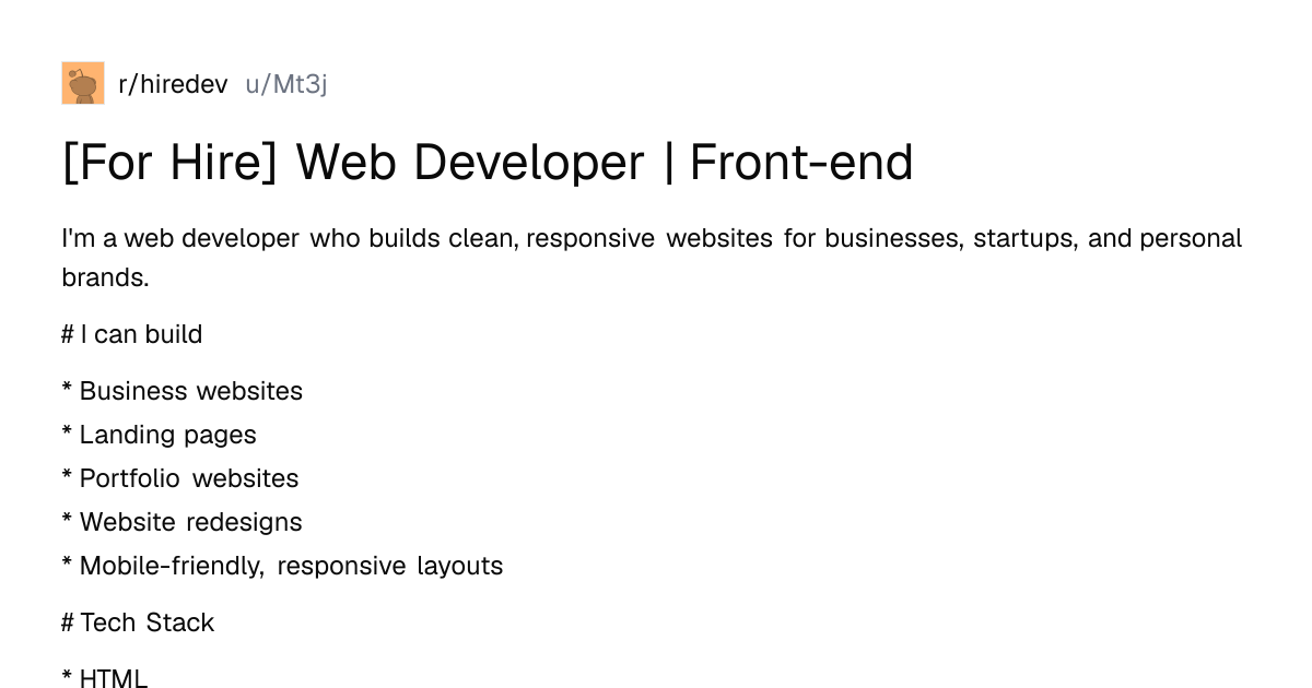 Screenshot of a post in r/hiredev titled "[For Hire] Web Developer | Front-end" with 2 upvotes