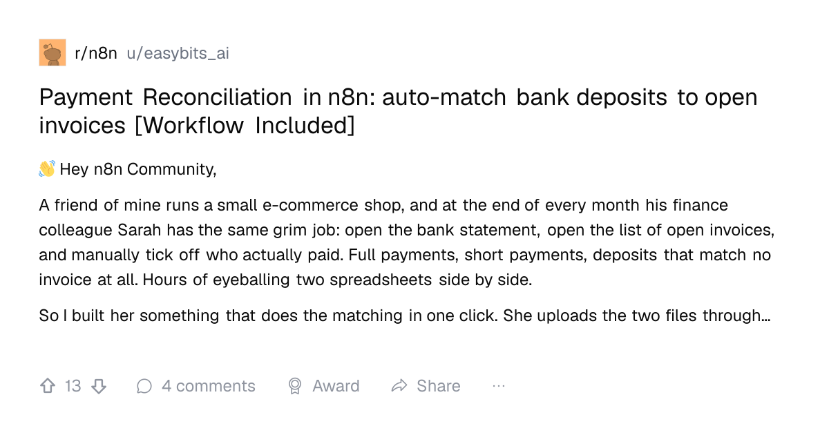Screenshot of a post in r/n8n titled "Payment Reconciliation in n8n: auto-match bank deposits to open invoices [Workflow Included]" with 13 upvotes