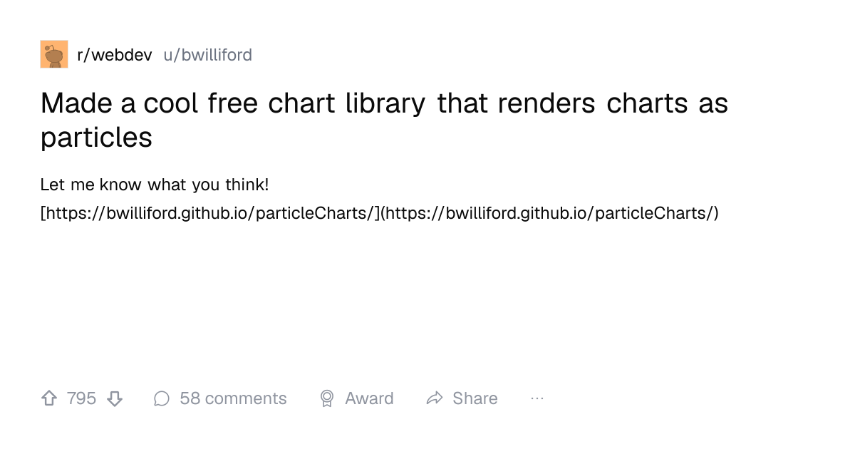 Screenshot of a post in r/webdev titled "Made a cool free chart library that renders charts as particles" with 795 upvotes