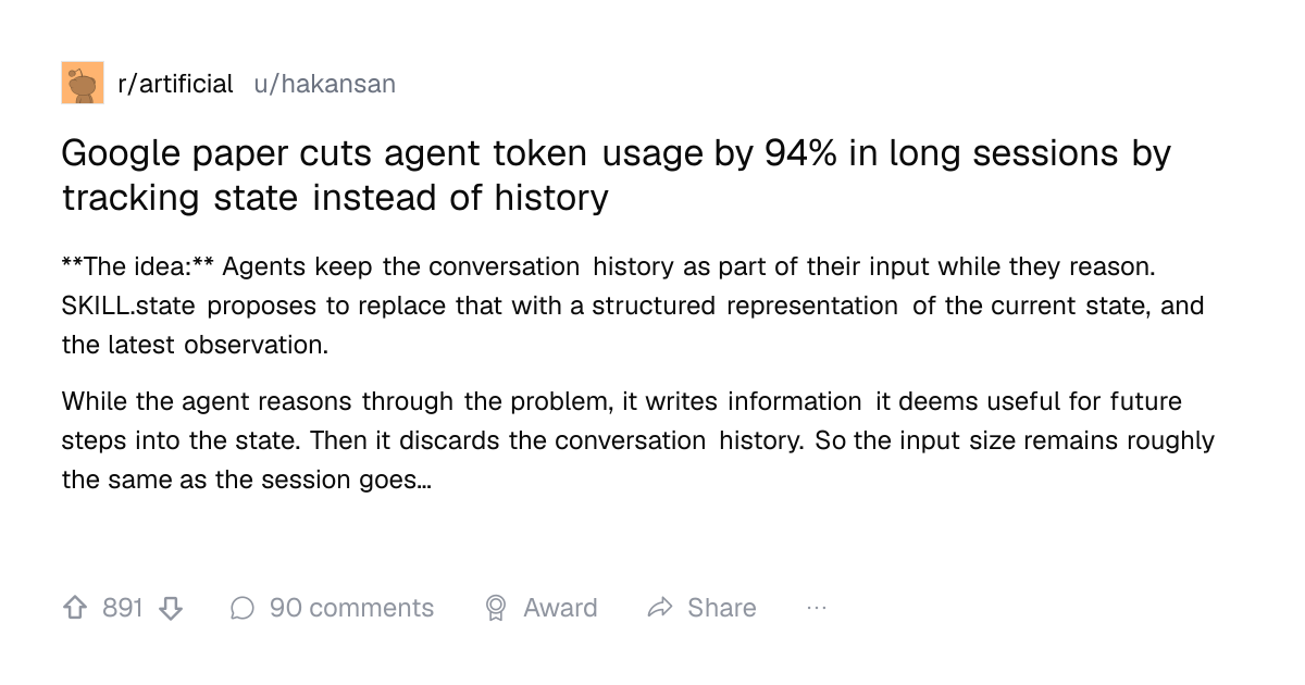 Screenshot of a post in r/artificial titled "Google paper cuts agent token usage by 94% in long sessions by tracking state instead of history" with 891 upvotes