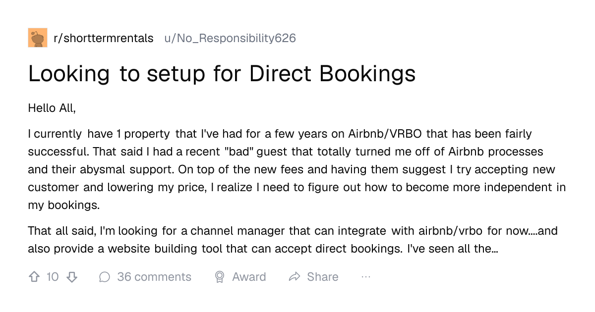 Screenshot of a post in r/shorttermrentals titled "Looking to setup for Direct Bookings" with 10 upvotes