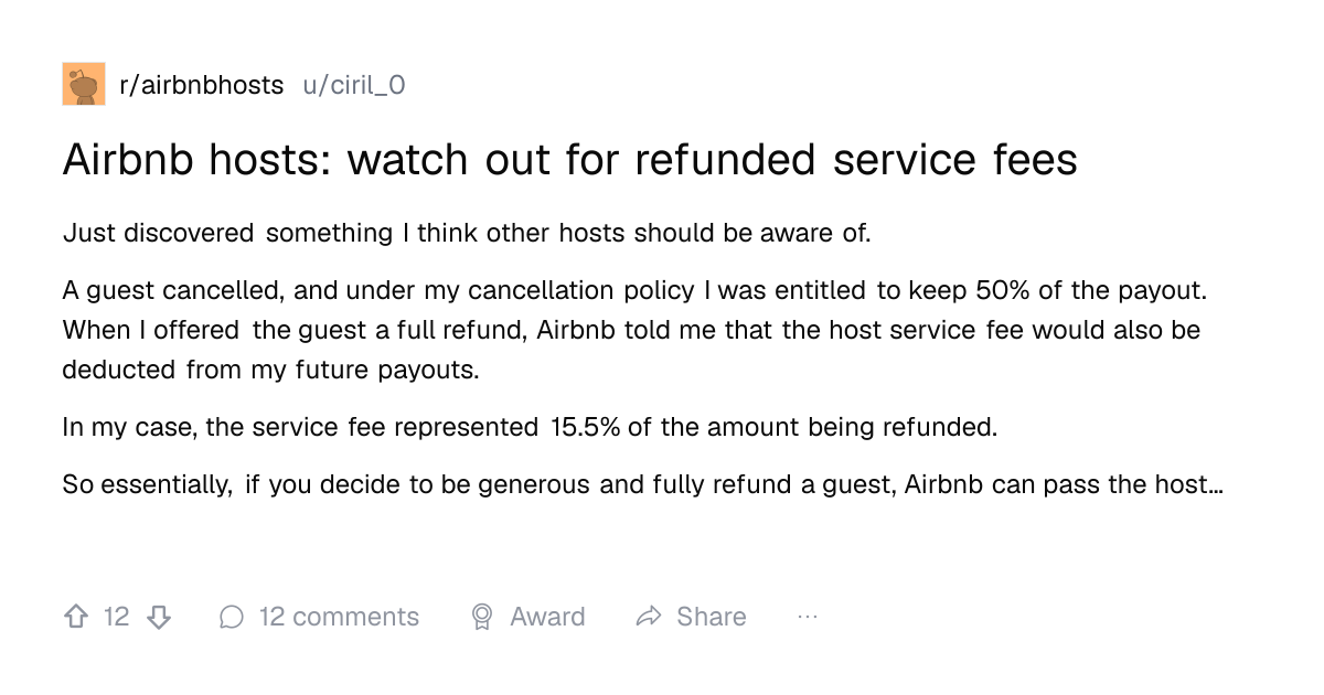 Screenshot of a post in r/airbnbhosts titled "Airbnb hosts: watch out for refunded service fees" with 12 upvotes