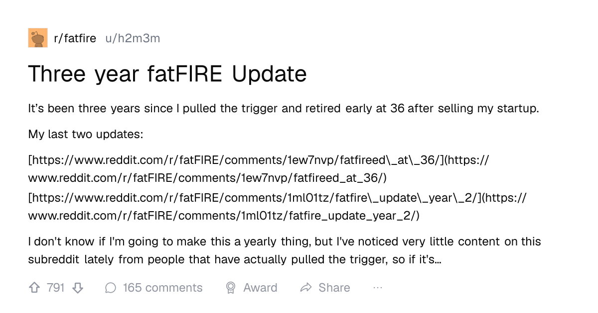 Screenshot of a post in r/fatfire titled "Three year fatFIRE Update" with 791 upvotes