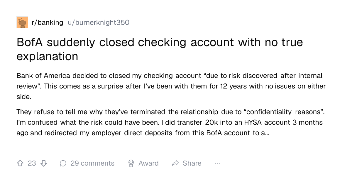 Screenshot of a post in r/banking titled "BofA suddenly closed checking account with no true explanation" with 23 upvotes
