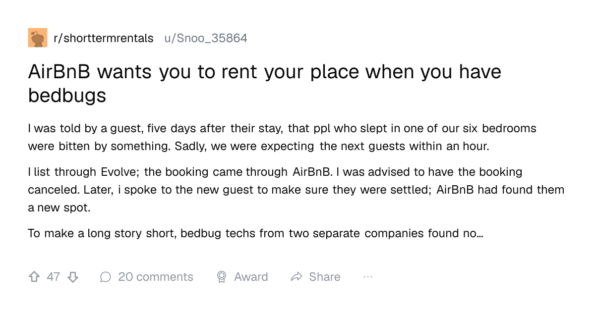 Screenshot of a post in r/shorttermrentals titled "AirBnB wants you to rent your place when you have bedbugs" with 47 upvotes
