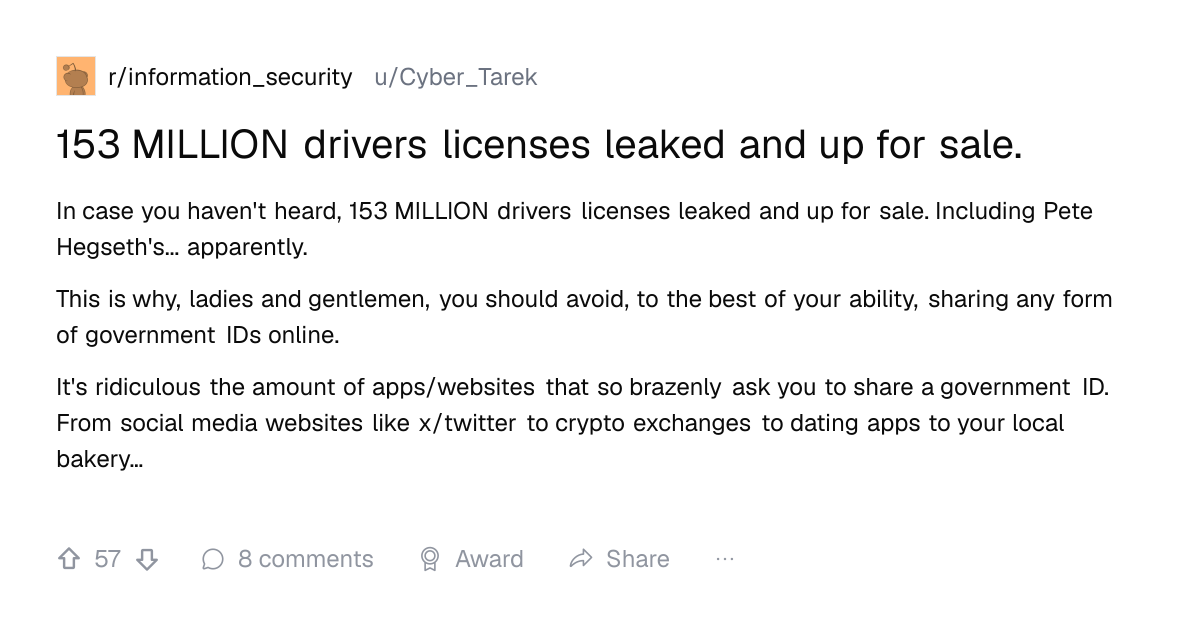 Screenshot of a post in r/information_security titled "153 MILLION drivers licenses leaked and up for sale." with 57 upvotes