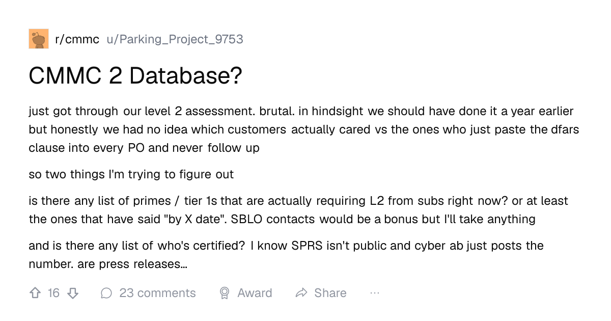 Screenshot of a post in r/cmmc titled "CMMC 2 Database?" with 16 upvotes