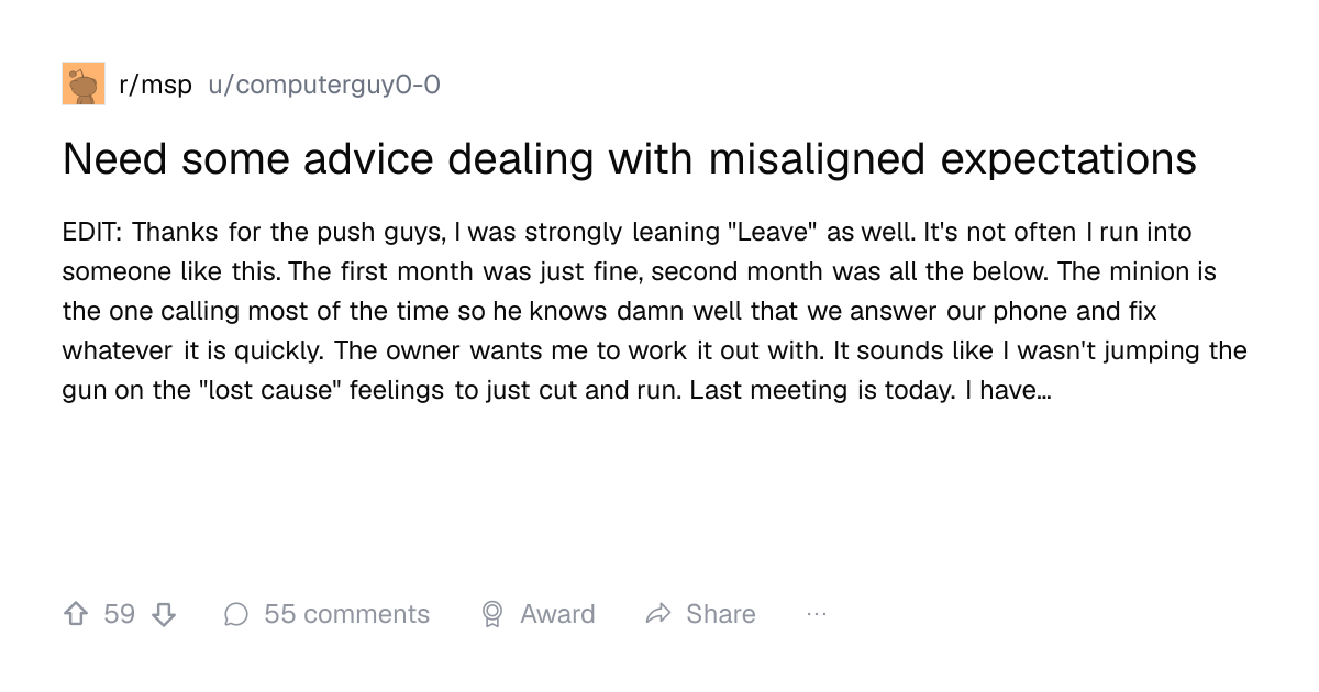 Screenshot of a post in r/msp titled "Need some advice dealing with misaligned expectations" with 59 upvotes