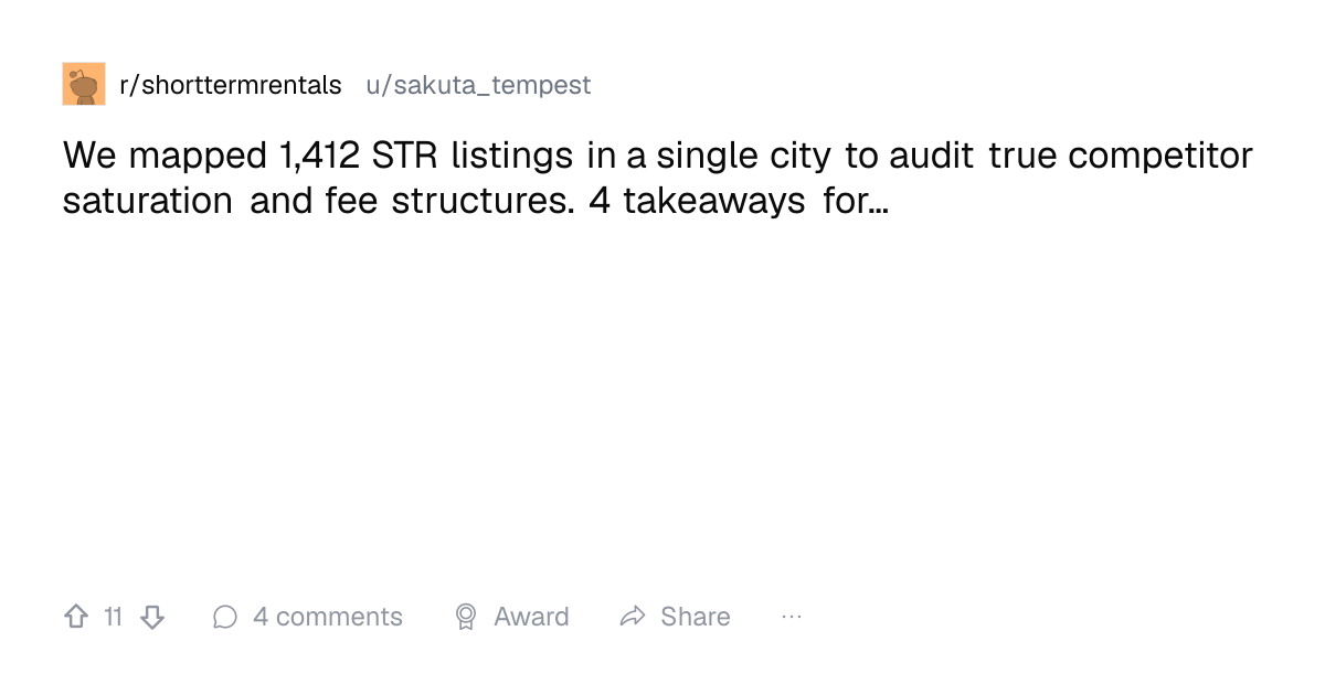 Screenshot of a post in r/shorttermrentals titled "We mapped 1,412 STR listings in a single city to audit true competitor saturation and fee structures. 4 takeaways for…" with 11 upvotes