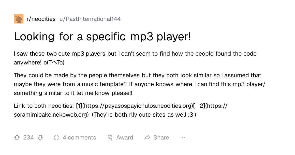 Screenshot of a post in r/neocities titled "Looking for a specific mp3 player!" with 234 upvotes