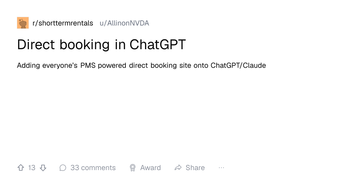 Screenshot of a post in r/shorttermrentals titled "Direct booking in ChatGPT" with 13 upvotes