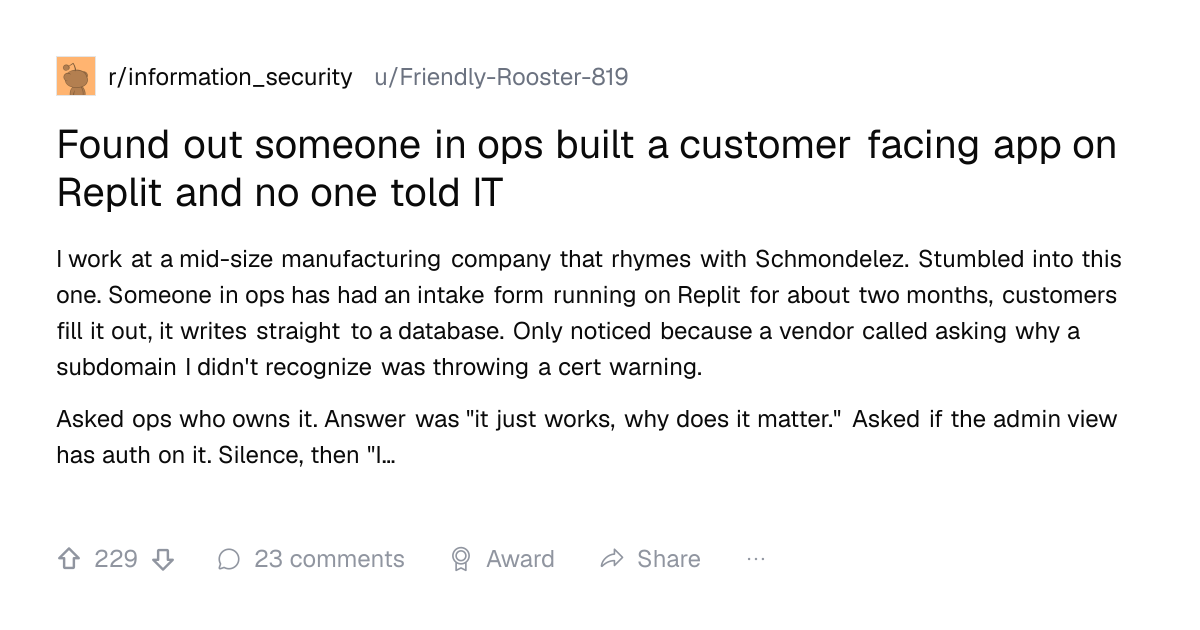 Screenshot of a post in r/information_security titled "Found out someone in ops built a customer facing app on Replit and no one told IT" with 229 upvotes