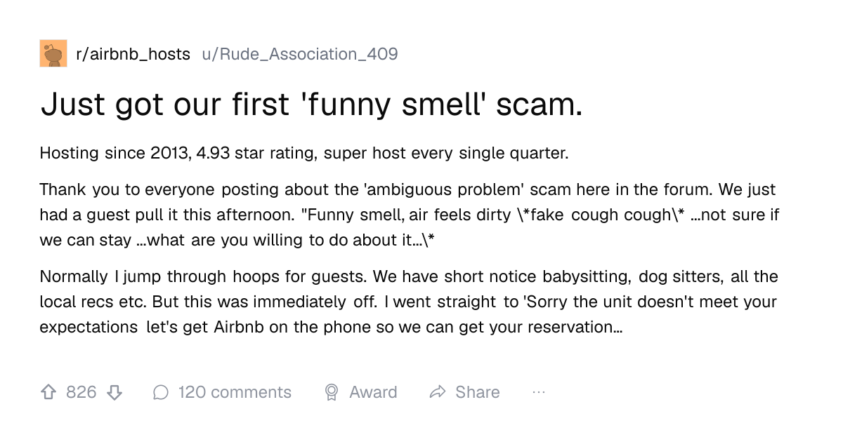 Screenshot of a post in r/airbnb_hosts titled "Just got our first 'funny smell' scam." with 826 upvotes
